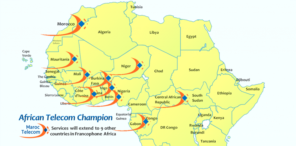 The finalized deal, valued at $650 million, gives Etisalat a much stronger foothold on the continent and a proven platform, in Maroc Telecom, for expanding its operations to ten countries to compete with regional rivals for the growing telecoms and ITC business in sub-Saharan Africa.  Map: MOTM
