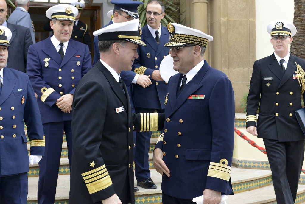 Adm. Mark Ferguson, commander, U.S. Naval Forces Europe-Africa, left, says goodbye to Vice Adm. Mohamed Lagmari, chief of naval operations for the Royal Moroccan Navy, after an office call and lunch at the Moroccan navy's headquarters in Rabat, Morocco, Jan. 13, 2015. Photo credit: Commander, U.S. Naval Forces Europe-Africa/U.S. 6th Fleet on Flickr.