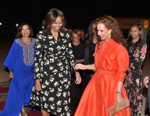 First Lady of the United States Michelle Obama arrives in Morocco, greeted by Princess Lalla Salma.